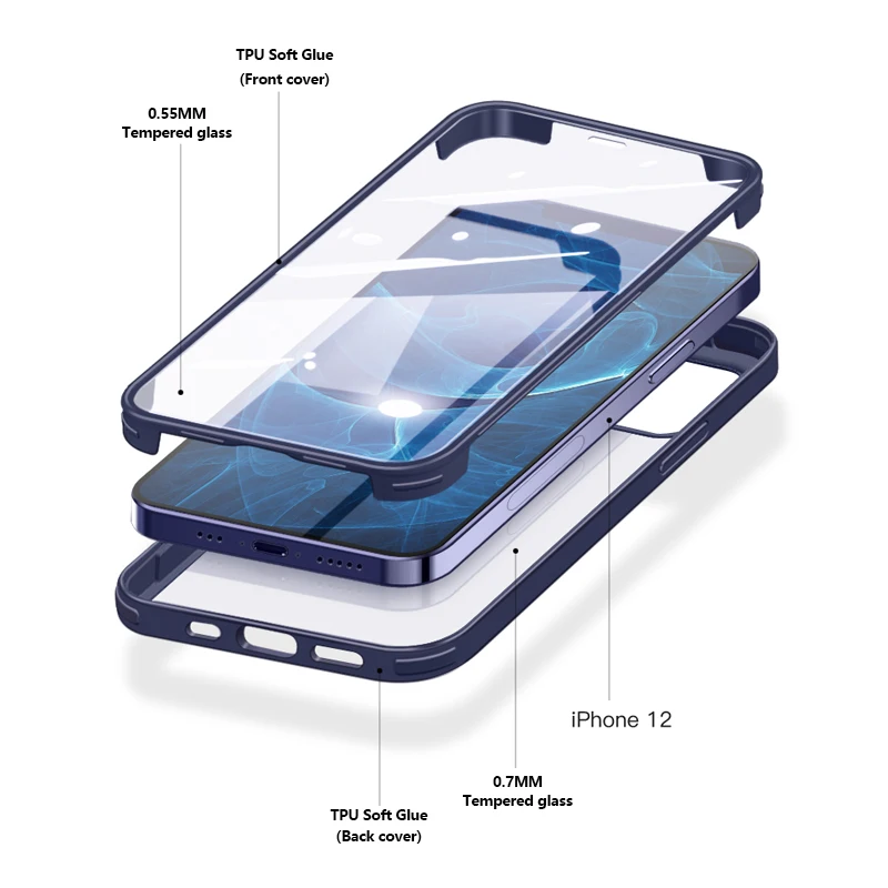 Double-Sided Glass Silicone Case For iPhone 12 11 Pro Max Mini Protective Phone Cover Capa Shell