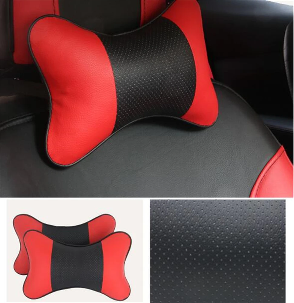 2 Pieces Car Red Color PU Leather Car Pillow Headrest Neck Cushion Support Seat Cover Pillows Red Line