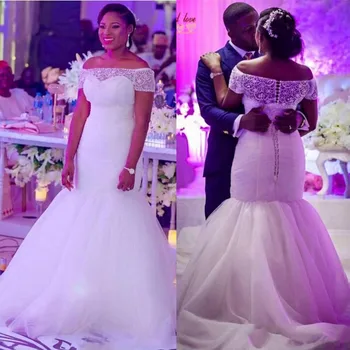 

NEW Mermaid Wedding Dresses Off Shoulder Ruched Lace Applique Wedding Gowns Court Train Vintage Long Beads Bridal Dress