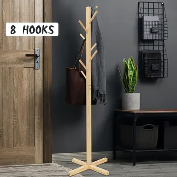

Solid Wood Hanger Floor Standing Coat Racks 8 Hooks Home Furniture Storage Clothes Hanging Wooden Hanger Bedroom Drying Rack