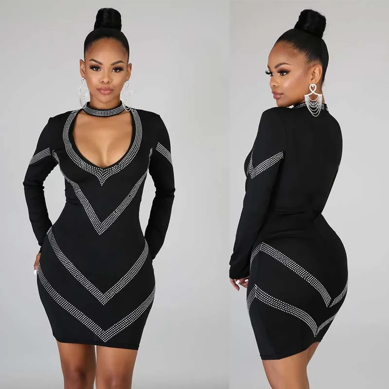 Good Quality Lady Hot Drilling Sexy Club Dress Rhinestone V Stripes Halter V-neck Black Long Sleeve Bandage Party Short | Женская одежда