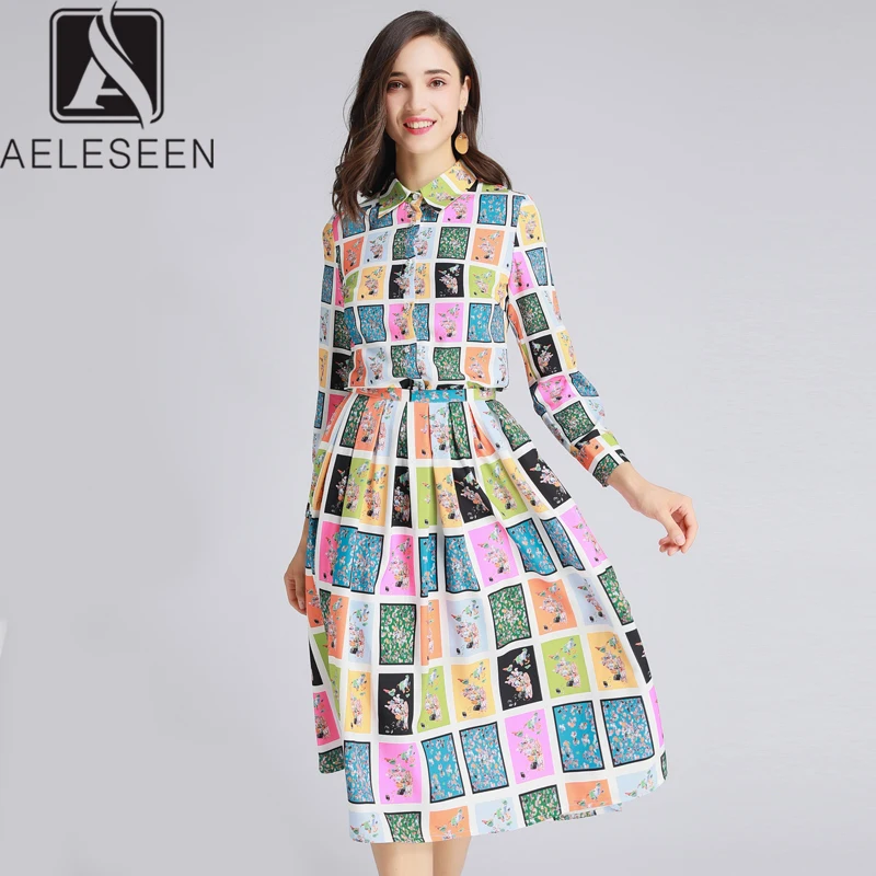 AELESEEN, подиумная блузка с принтом, Офисная Женская блузка, топы+ элегантный классический труба, средняя удлиненная юбка контрастный цвет клетчатый комплект