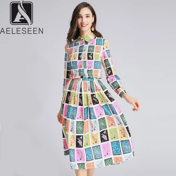

AELESEEN 2020 Runway Print Twinset Office Lady Blouse Tops + Elegant Classical Trumpet Mid-Calf Skirt Contrast Color Plaid Set