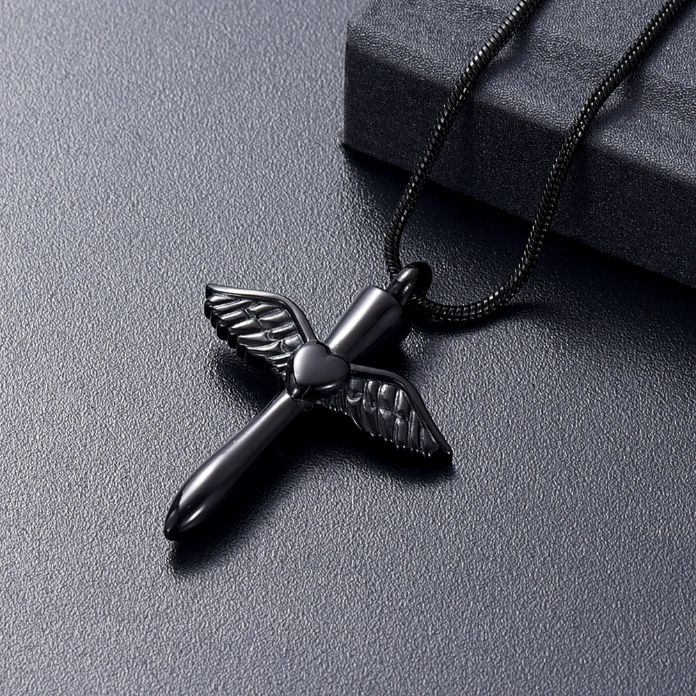 IJD12240 Stainless Steel Angel Wings Heart Cross Cremation Jewelry Pendant for Pet/Human Memorial Ash Keepsake Necklace 3