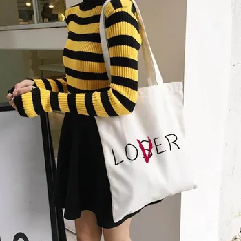

2020 New Woman Canvas Shoulder Bag Cute Cartoon Letters Great Power Terrifying Patterns Harajuku Women's New Fashion