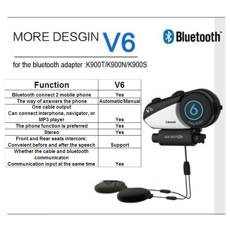 Гарнитура домофон беспечный ездок V6 Bluetooth домофон для внутренней связи в мотоциклетном шлеме гарнитура Водонепроницаемая беспроводная