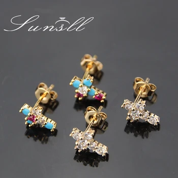 

SUNSLL New gold copper small earring cubic zircon cross earring for women fashion party simple mini jewelry stud earring gifts