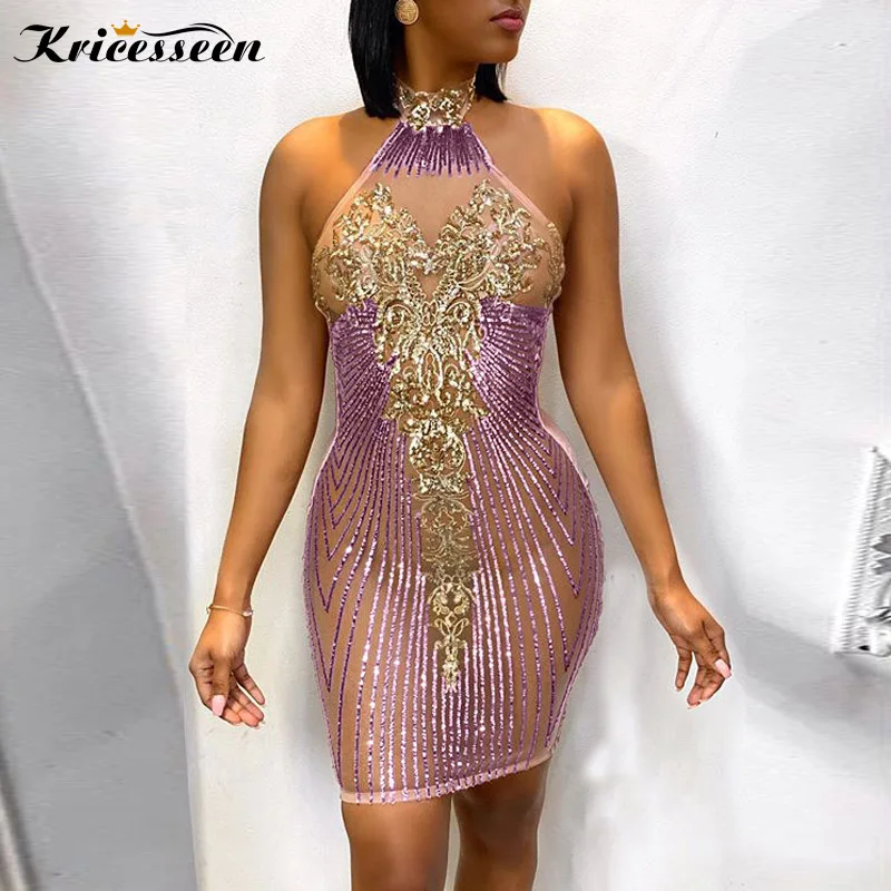 Preise Kricesseen Sexy Pailletten Halter Neck Sehen Durch Mini Kleid Frauen Frühling Backless Bodycon Party Kleid Geburtstag Outfits