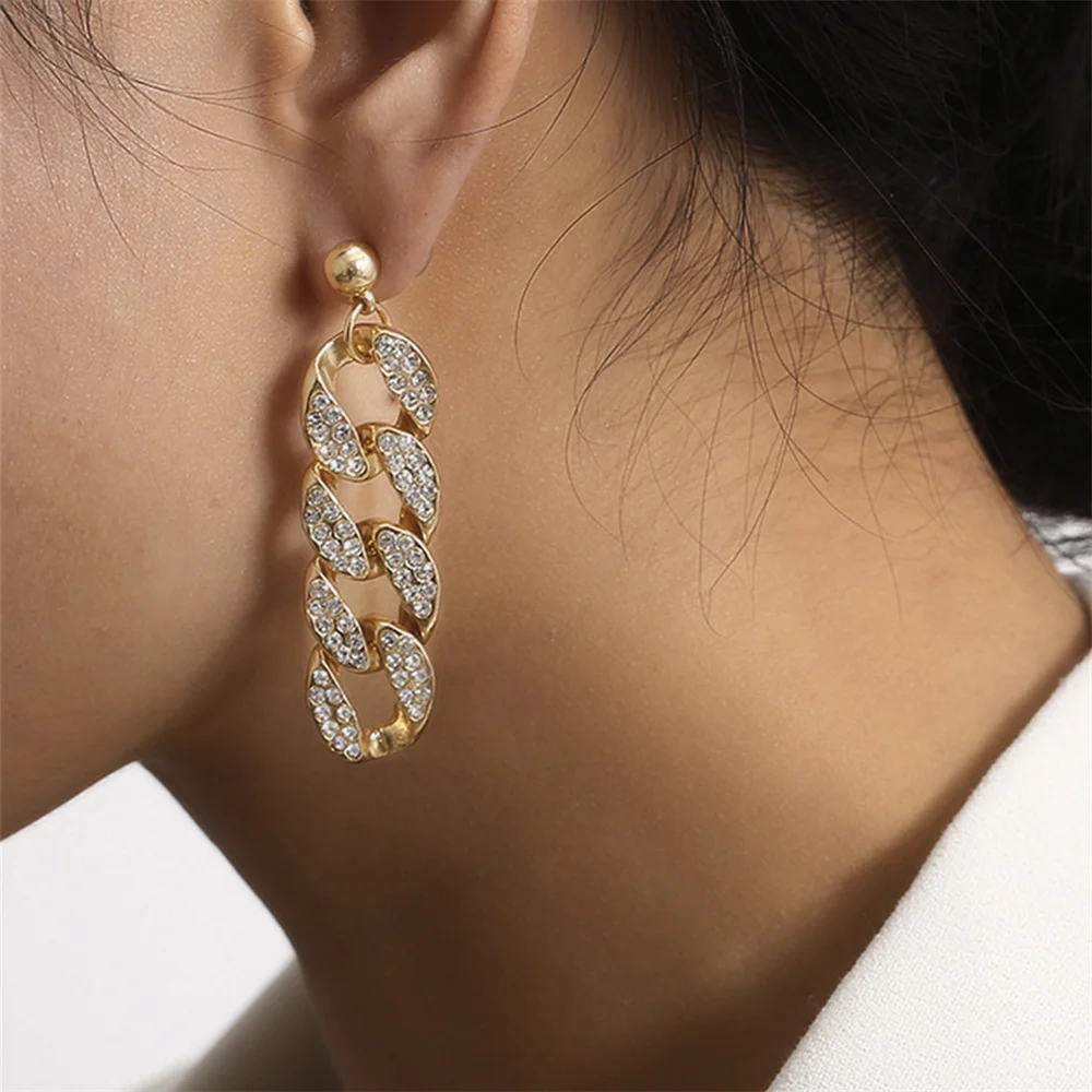 Cuban Link Chain Earring Luxury Full Rhinestone Dangle Hip Hop Iced Out Zirconia Gothic Earrings Female Accessories gift | Украшения и