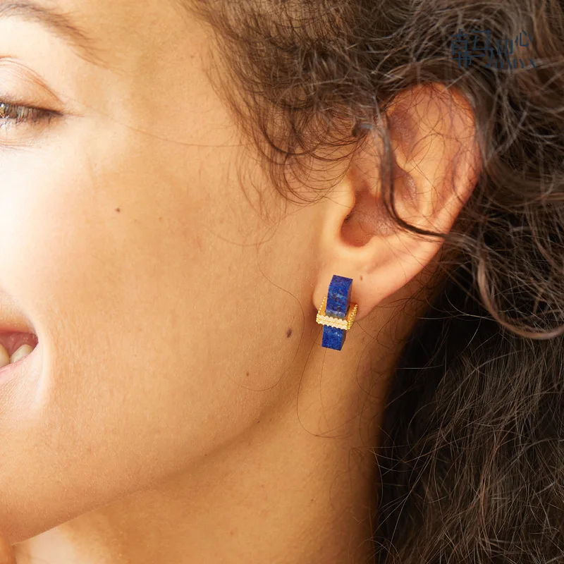 

Winter Gift Natural Lapis Elegant Lady 925 Sterling Silver Earrings For Women Geometric Personality Simple Temperament Vintage