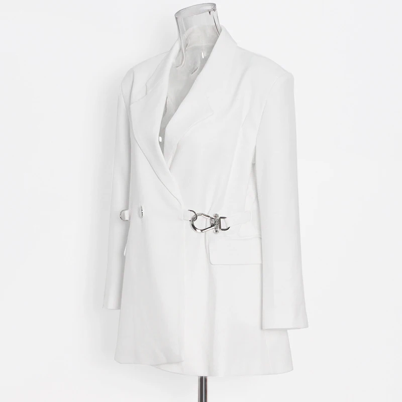 ECRURANI White Elegant Jackets For Women Lapel Long Sleeve Lace Up Loose Solid Vintage Coats Female Fashion Clothing 2022 Style