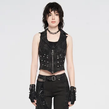 

PUNKRAVE Women's Doomsday Ruins Metal Punk Vest Steampunk Dark-textured Woven Metal Rivet Decoration Cardigan Waistcoat
