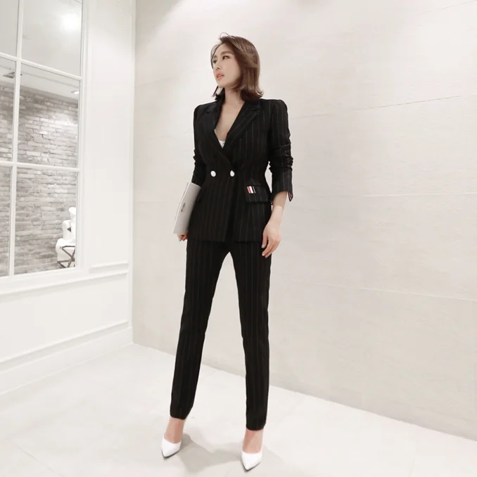 Women Striped Formal Two Piece Set Double-breasted Blazer Jacket& Fashion Slim Pant Suit Female Wear to Business Suits