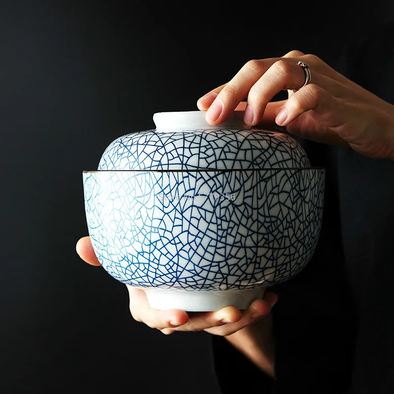 Japanese Creative 4.5-inch 6.5-inch Ceramic Soup Bowl with Lid Blue and White Porcelain Rice Bowl High Quality Stew Soup