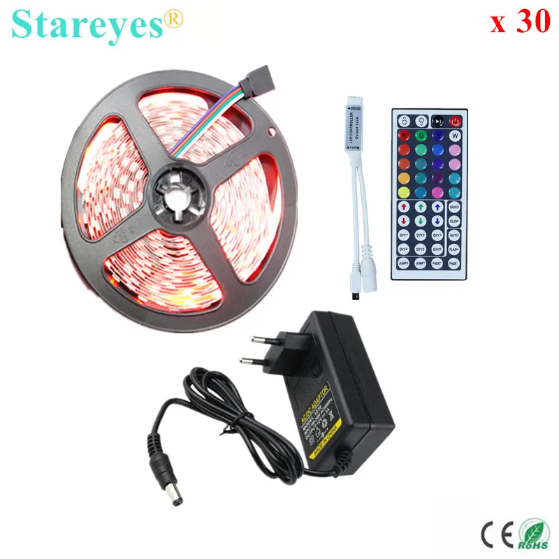 

30 sets 5m 300 LED SMD 5050 RGB LED strip DC12V Non Waterproof Tape Rope String light with IR Remote + 3A Power Adapter