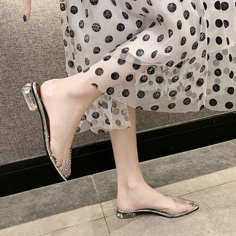 New PVC Transparent Women Pumps Sandals Crystal Mid Heels Pumps Rhinestone Pointed Toe Women Bridesmaid Wedding Shoes s162