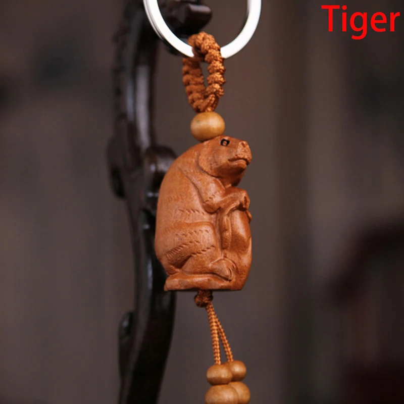 Tiger Модные натурального дерева 12 зодиакальный брелок для детей «унисекс» для детей животных обезьянья, овца со змеиным рисунком дракона и тигра брелки для ключей кольцо для ключей - Цвет: Tiger
