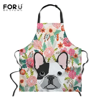 

FORUESIGNS Flower French Bulldog Print Kitchen Apron for Women Chef Sleeveless Easy Cleaning Pinafore BBQ Baking Cooking Bib