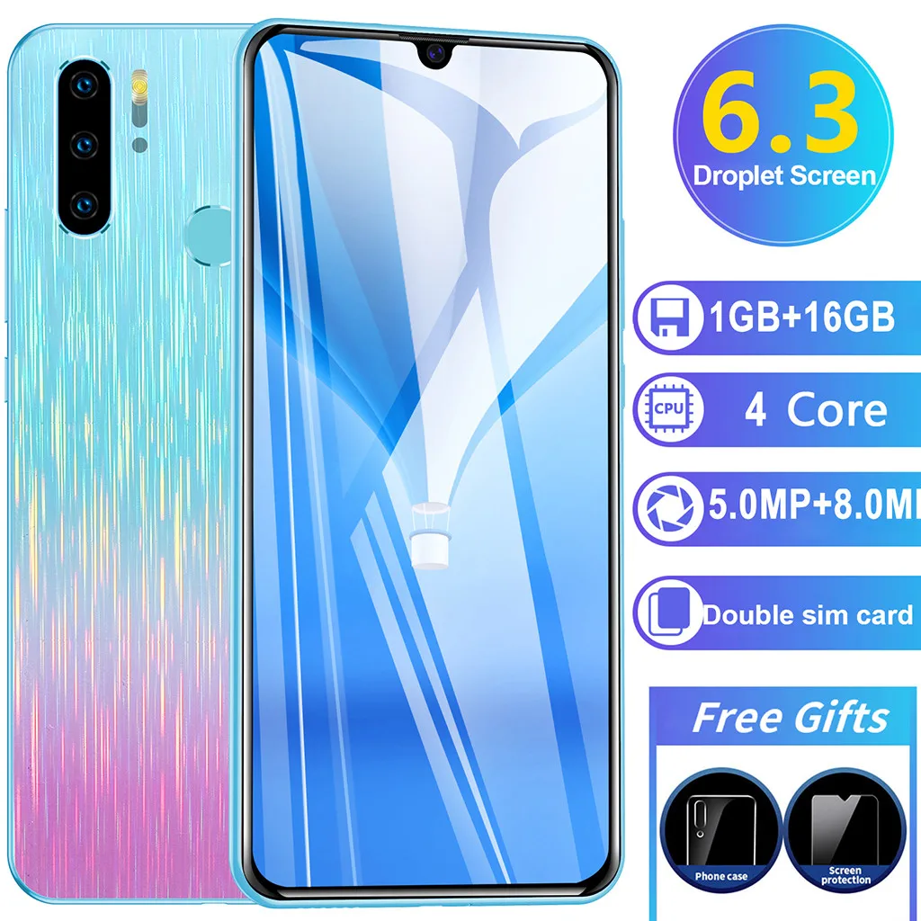 6,3 дюймовый мобильный телефон четыре камеры четырехъядерный 1+ 16G 3g Android смартфон большой аккумулятор смартфон распознавание лица HD+ ЖК-экран