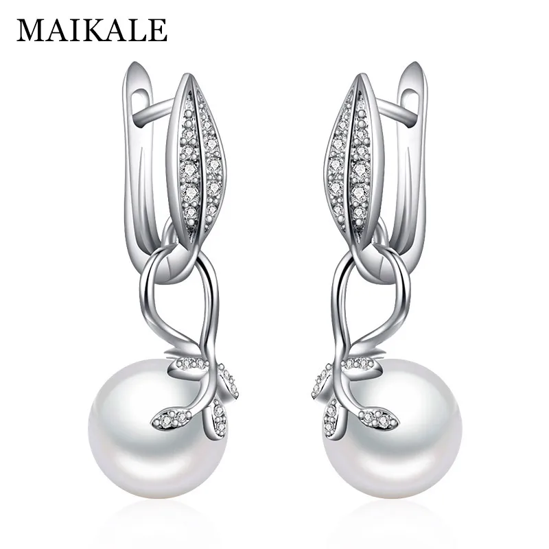 silver MAIKALE Новые простые серьги в форме листа с жемчугом золотого и серебряного цвета AAA кубический цирконий корейские серьги для женщин Отправка подарков - Окраска металла: silver