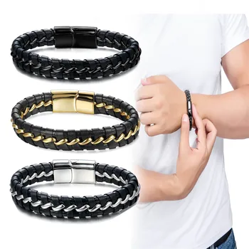 

Simple Handmade Black Genuine Braided Leather Bracelets Men Bangles Stainless Steel Double Layers Magnetic Charm Gold Bracelets