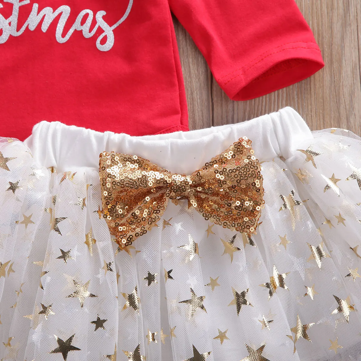 Осенне-зимние детские Штаны для девочек с рождественским изображением топы красный комбинезон+ юбка из тюля, Звездные юбки комплект одежды, Рождественская одежда