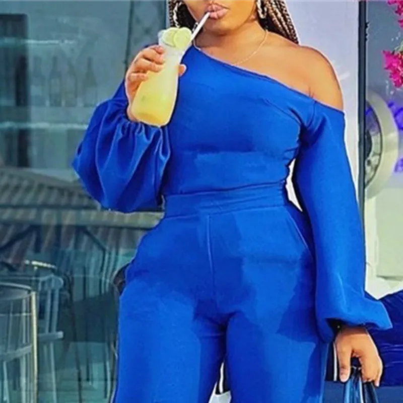 Women Off Shoulder Sexy Jumpsuits Long Lanterm Sleeve Elastic High Waist Summer Autumn Overall Bodysuits Female Plus Size XL New
