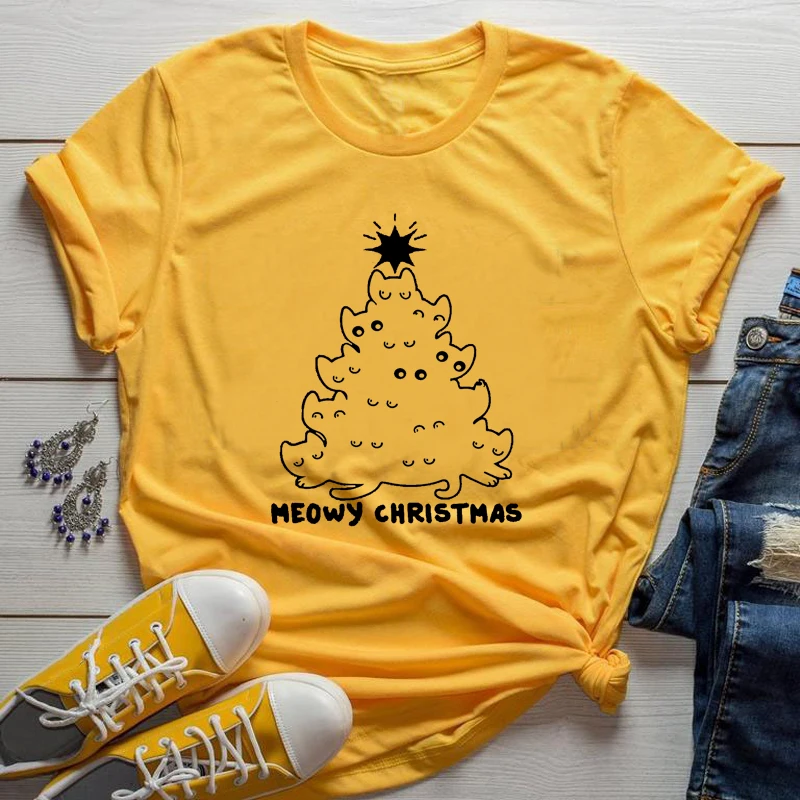 Meowy Christmas забавная Рождественская женская футболка 90s Эстетическая хлопковая модная графическая Женская одежда с круглым вырезом и коротким рукавом милые футболки - Цвет: Цвет: желтый