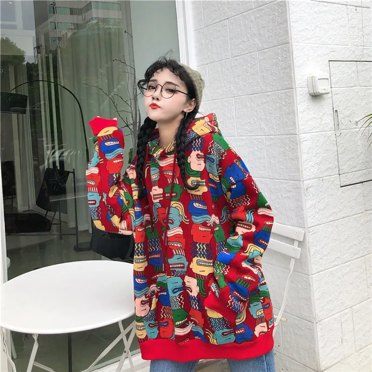 Neploe, осенние женские толстовки Harajuku, мультяшный принт, свободный карман, толстовка с капюшоном, негабаритный Женский пуловер, джемперы 55380