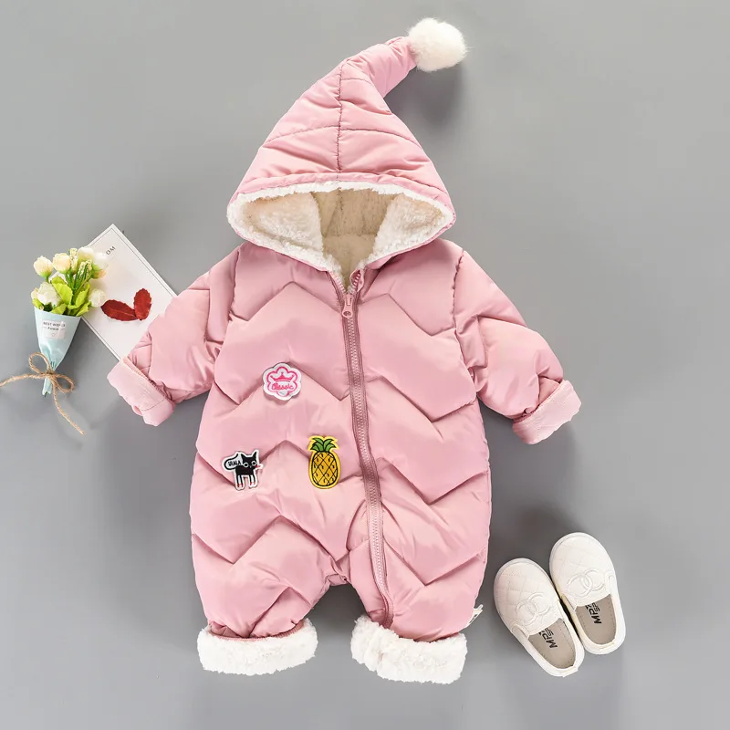 Зимние комбинезоны; Одежда для новорожденных девочек; Детский комбинезон для мальчиков и девочек; детский хлопковый комбинезон на пуху; зимний комбинезон с капюшоном; теплая одежда - Color: Pink