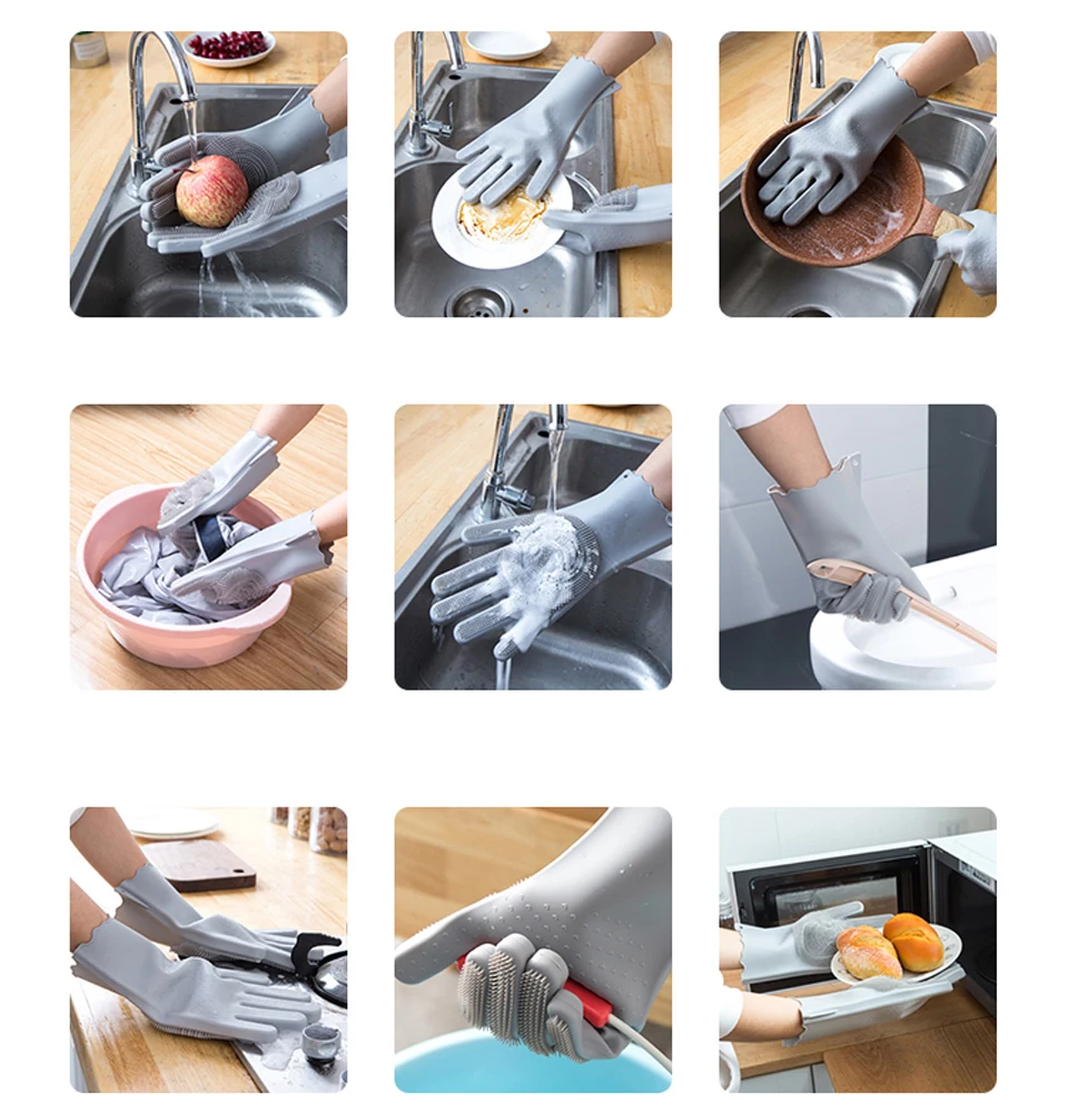 Kitchen Silicone Dishes Washing Glove with Cleaning Brush Garden Housekeeping Magic Silicone Scrubber Rubber Dishwashing Gloves