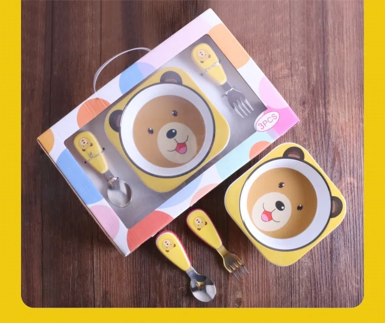 OEM Baby Fork Spoon Set Stainless Steel CHILDREN'S Tableware Heat Resistant Cute Little Bear Children Bowl Manufacturers Wholesa