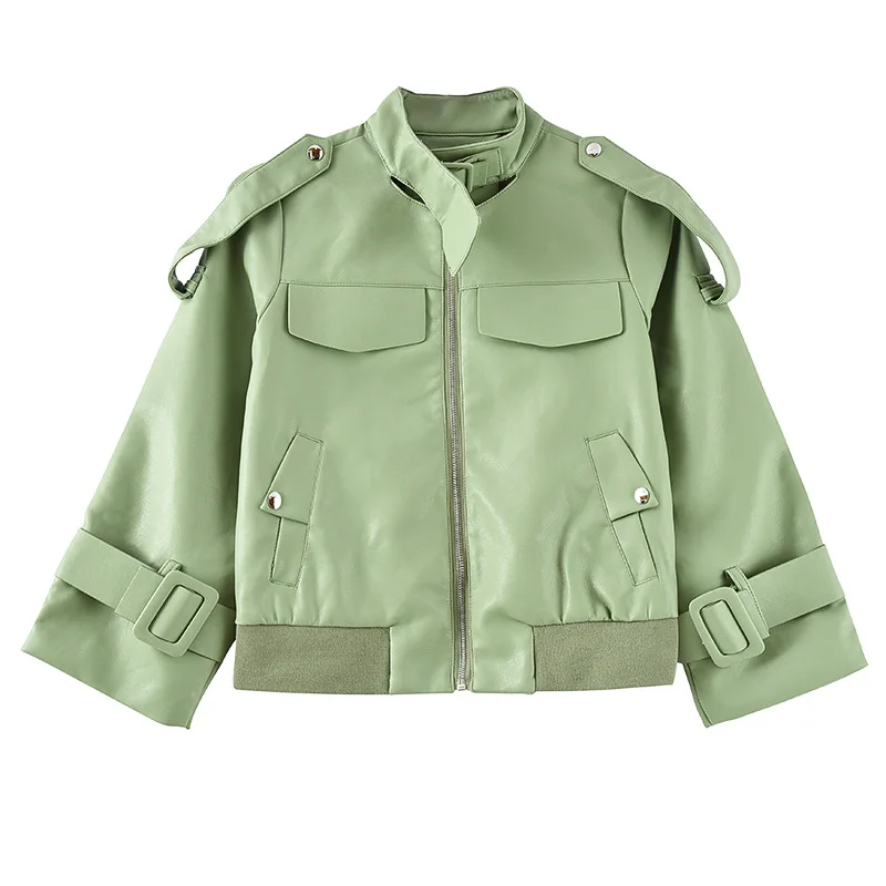 

Куртка женская короткая из искусственной кожи, мотоциклетная Байкерская уличная одежда, повседневная верхняя одежда с воротником-стойкой и длинным рукавом, зеленая белая, на весну