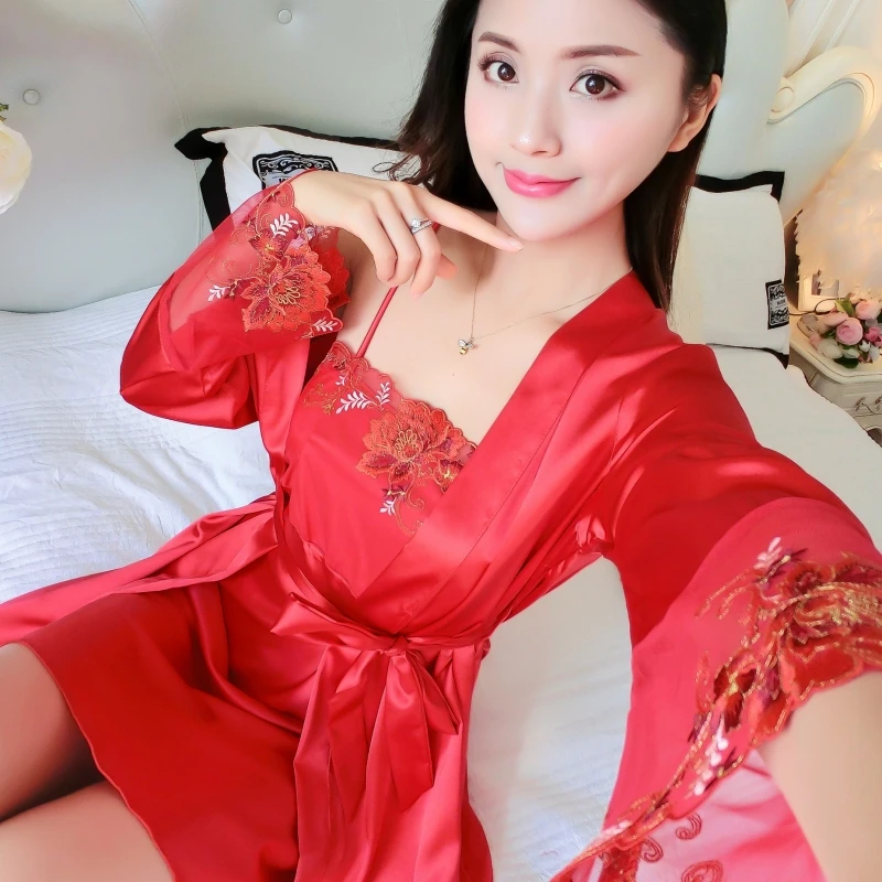 silk robe gown set two pieces sleepwear women vintage night suites nightdress and robe peignoir set luscious bathrob - Цвет: color5