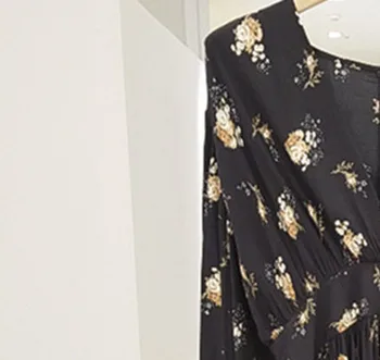 

Women Long Sleeve Dress Floral Printed Pleated Asymmetric V-neck Spring Autumn Ladies Dresses