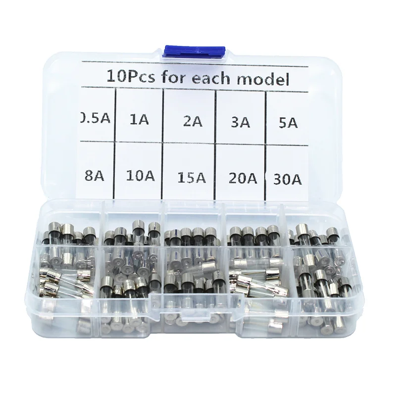 Kit de fusibles surtidos de 5x20mm, tubo de vidrio de soplado rápido, 0,5a, 1A, 2A, 3A, 5A, 8A, 10A, 15A, 20A, 30A, 100 unids/lote