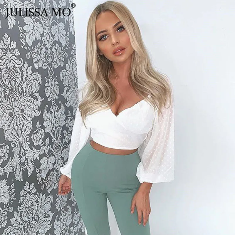Julissa mo, сексуальная шифоновая блузка с v-образным вырезом, женская рубашка, зимняя, с длинным рукавом, в винтажном стиле, в горошек, женские топы, элегантные, белые, Blusa Feminina
