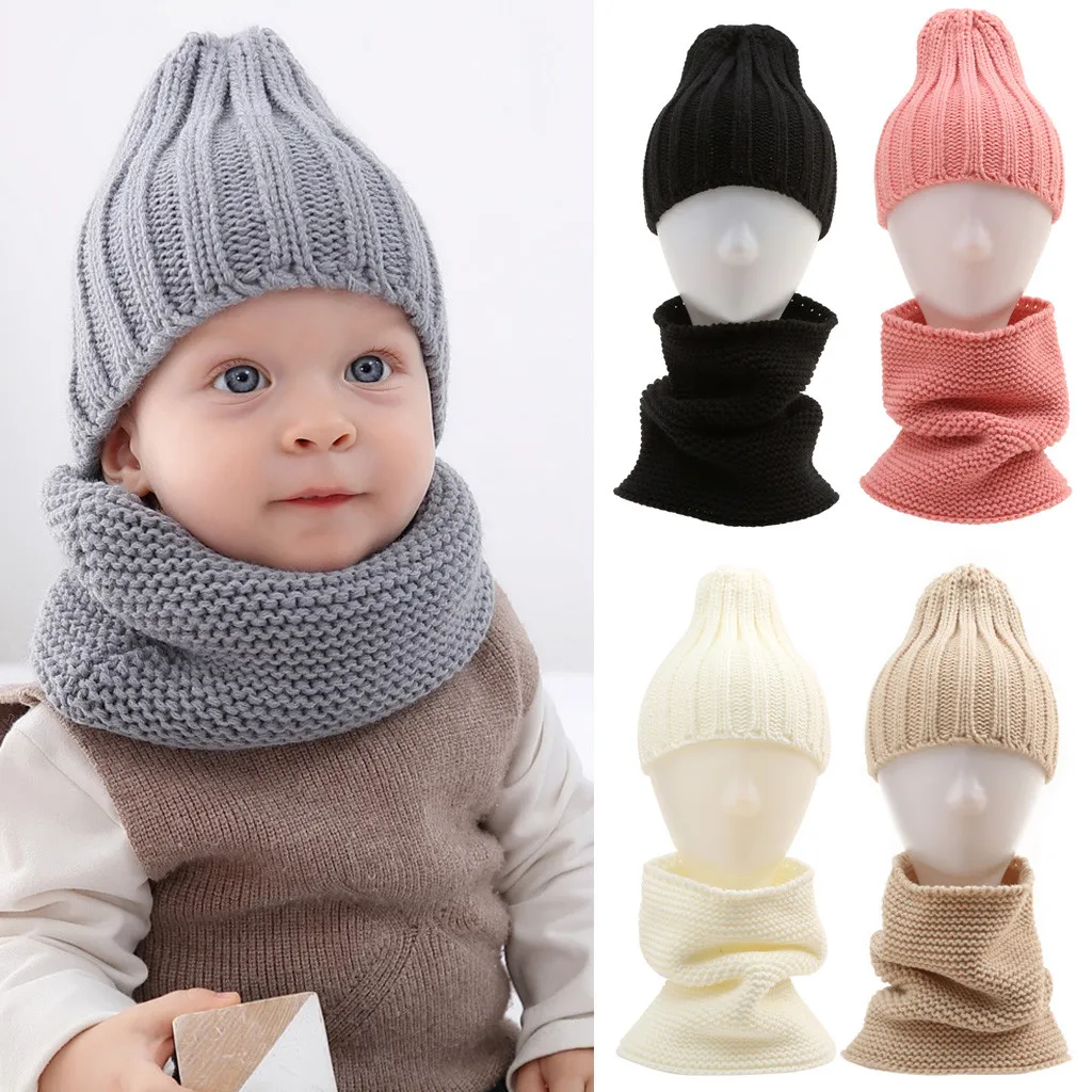

Unisex Two Pieces Of Children's Knitted Cap Keep Warm Neckerchief Winter Hat Newborn Photography Baby Cap Gorros Bebes Roupas