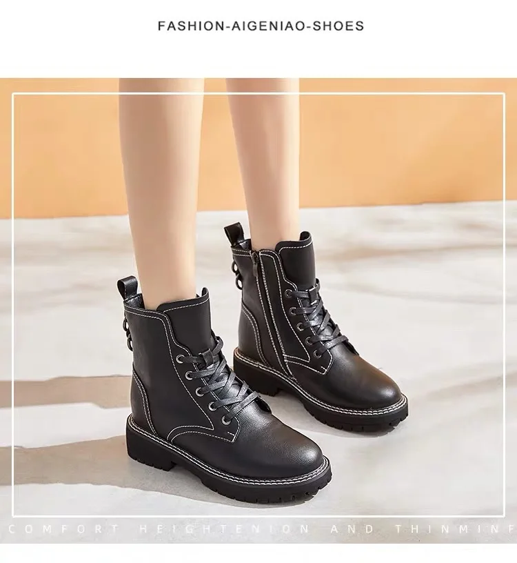 

Extra High Martin Boots Women's Autumn And Winter 2019 New Style plus Velvet Versatile British-Style Flat Black Genuine Leather