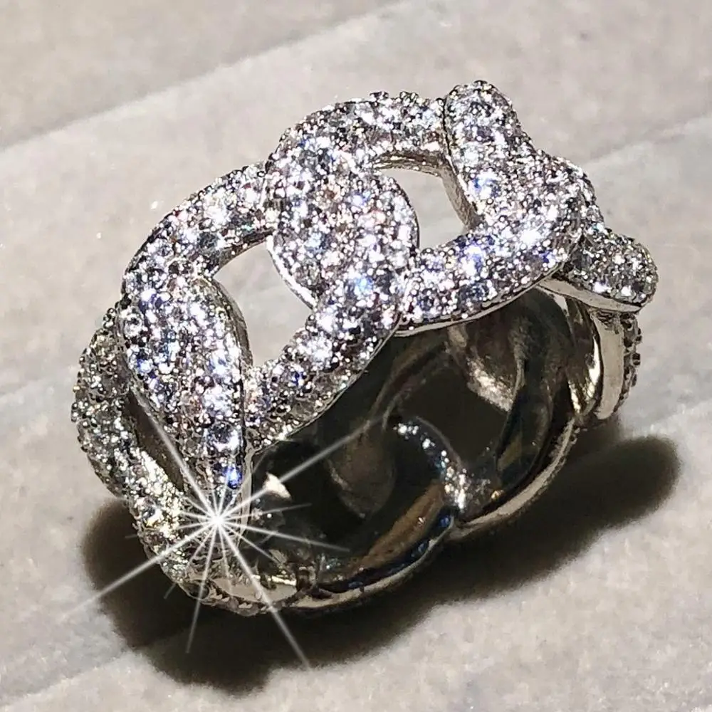silver Сверкающие 925 пробы серебряные кольца для женщин Роскошные выдалбливают цепи живопись полный SONA кольцо с бриллиантами набор Свадебные ювелирные изделия на палец - Цвет камня: silver