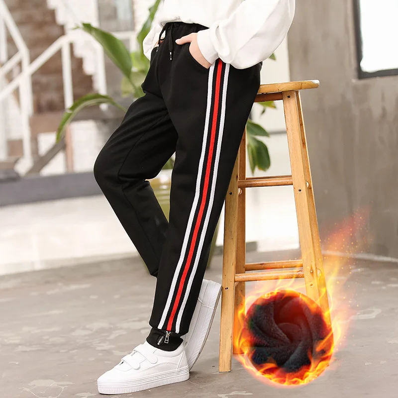 

Girls plus Velvet Warm Athletic Pants Middle And Large Children Teenager Young STUDENT'S Autumn And Winter Beam Leg Casual Pants