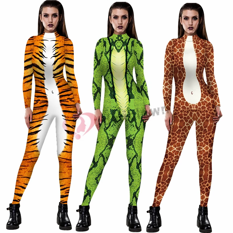 

New Sexy Halloween Costumes For Women Snake Tiger Zebra Leopard 3D Printing Animal Cosplay Zentai Suit Bodysuit Jumpsuits