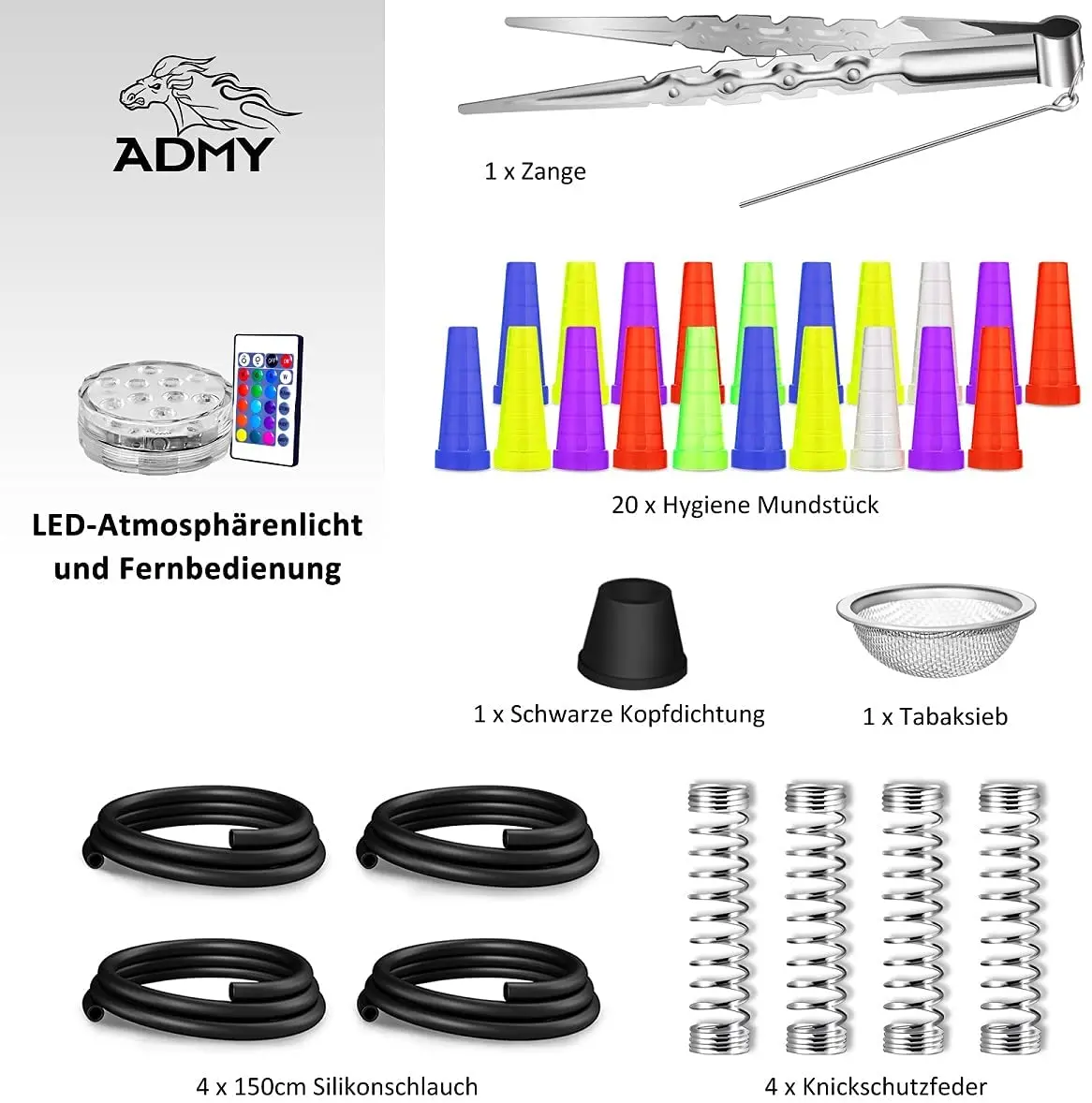 ADMY Shisha Set, Edelstahl V2A 95cm Hookah Komplettset Wasserpfeife mit