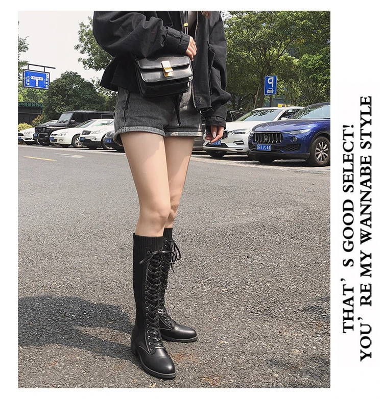 Высокие сапоги женские botas mujer; коллекция года; Botines Bota Feminina; модные зимние сапоги черные женские сапоги на шнуровке сапоги до колена; Size35-40
