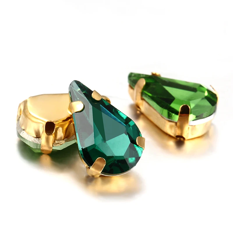 

Twinkling Pear Drop Green Glass Crystal Strass Perfect Quality Sew-on Rhinestones With Golden Claws Sew On Clothes Crafts Dress
