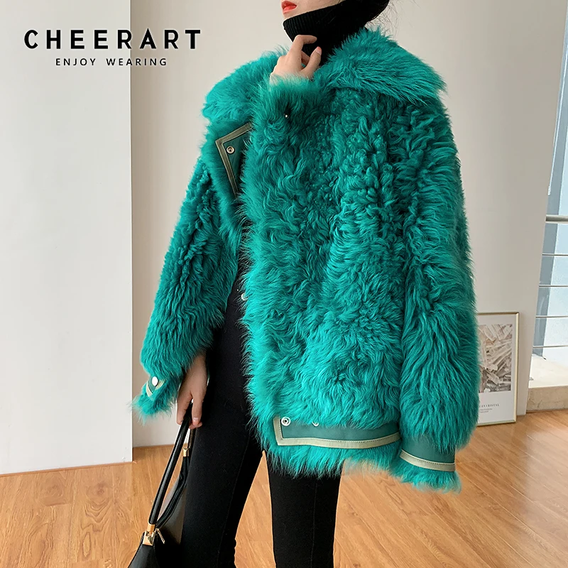 CHEERART зима зеленое меховое пальто Женская куртка из искусственного меха ягненка женская пушистая шуба модная одежда