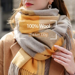 100% Pure Wool Scarf Women Winter Plaid Lamb Wool Scarves Lattice Thicken Shawl Wrap Blanket Warm Cashmere Scarves Pashmina