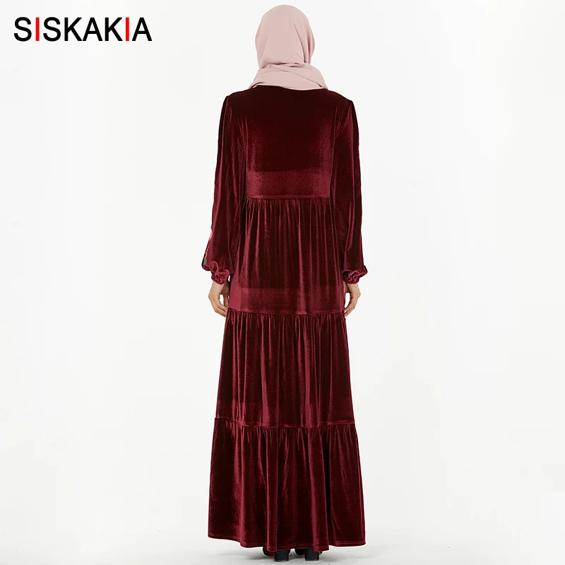 Siskakia вельветовое длинное платье с вышивкой элегантное женское модное Плиссированное лоскутное Драпированное Платье макси с длинным рукавом мусульманская одежда
