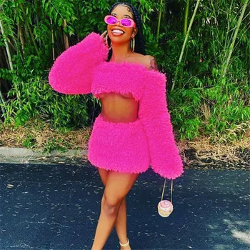 

Female Suits Soft Warm Fluffy Winter 2 Pcs Sets Women Casual Full Sleeve Off Shoulder Crop Top + Mini Skirt Female Suits Femme
