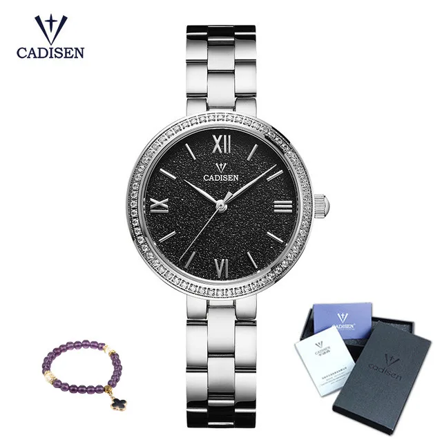 CADISEN женские часы лучший бренд класса люкс Модные женские кварцевые часы подарки для девушки полный стальной горный хрусталь часы Relogio Feminino - Цвет: silver black